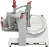 The Berkel X13-PLUS is a commercial-grade manual food slicer with a white base, gray body, and red handles and knobs. Its circular blade is partially shielded, with raised ridges on the platform and adjustable levers for precise slicing.