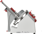 A side view of the Berkel X13A-PLUS Premium Food Slicer, an automatic and manual slicer with a white and gray base, red handles, and a silver circular blade. Tilted to show adjustment knobs, safety guard, and blade assembly for precise slicing.