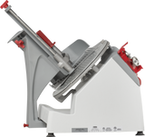 The Berkel X13A-PLUS automatic food slicer features a white and silver body, angled metal blade, red safety guards and knobs, a large handle for thickness adjustment, and a food carriage to securely hold and slide meat during slicing.