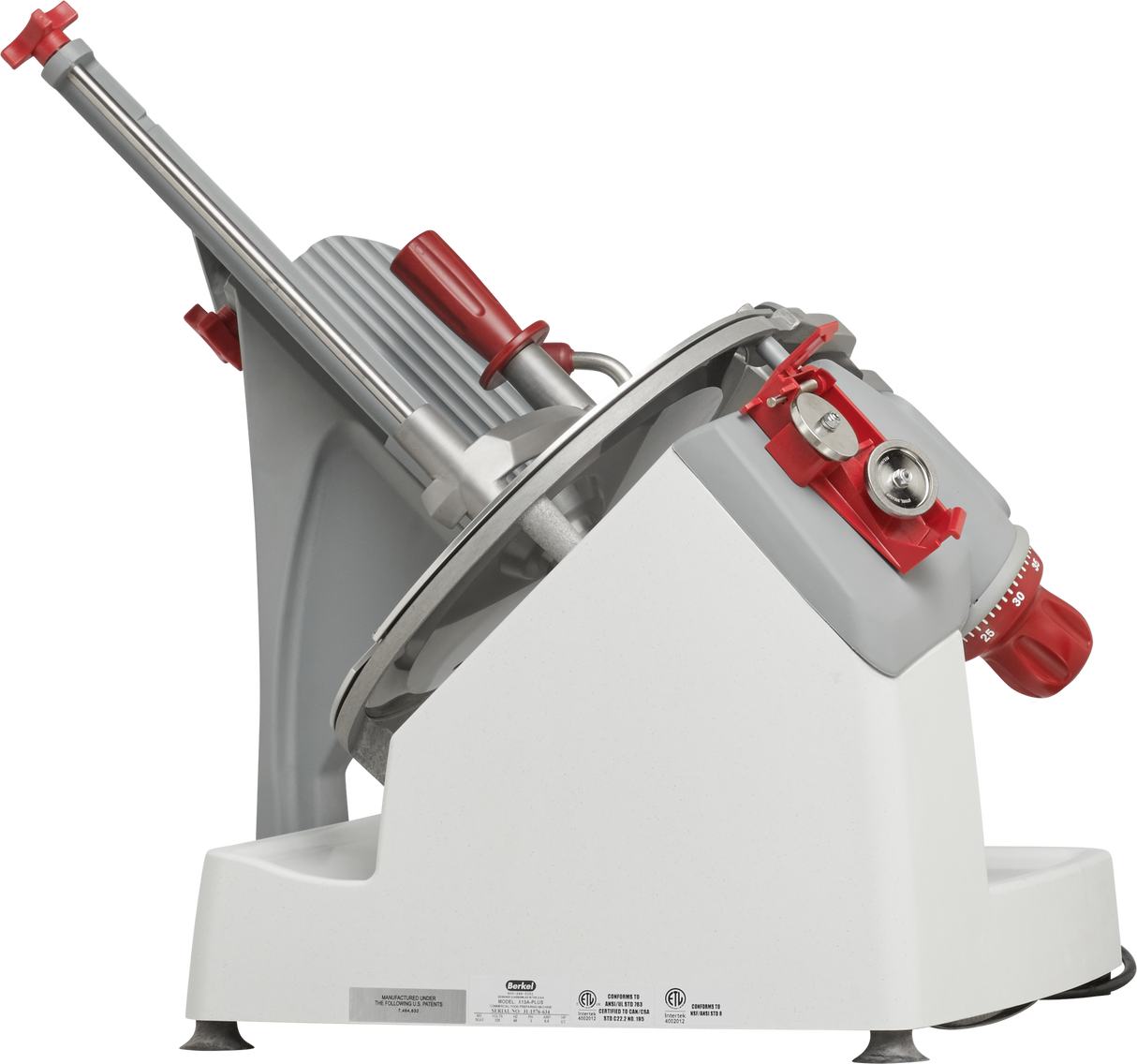 The Berkel X13A-PLUS is a premium food slicer with a stainless steel blade, white and gray body, and red adjustment knobs. This automatic and manual slicer is angled and features a handle for sliding meats or cheeses across the blade.