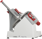 The Berkel X13A-PLUS is a premium food slicer with a stainless steel blade, white and gray body, and red adjustment knobs. This automatic and manual slicer is angled and features a handle for sliding meats or cheeses across the blade.