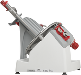 The Berkel X13A-PLUS is a premium food slicer featuring a white and red base, angled serrated blade, and adjustable thickness dial. This automatic and manual slicer includes safety features, a food tray, and a carriage handle for efficient slicing.