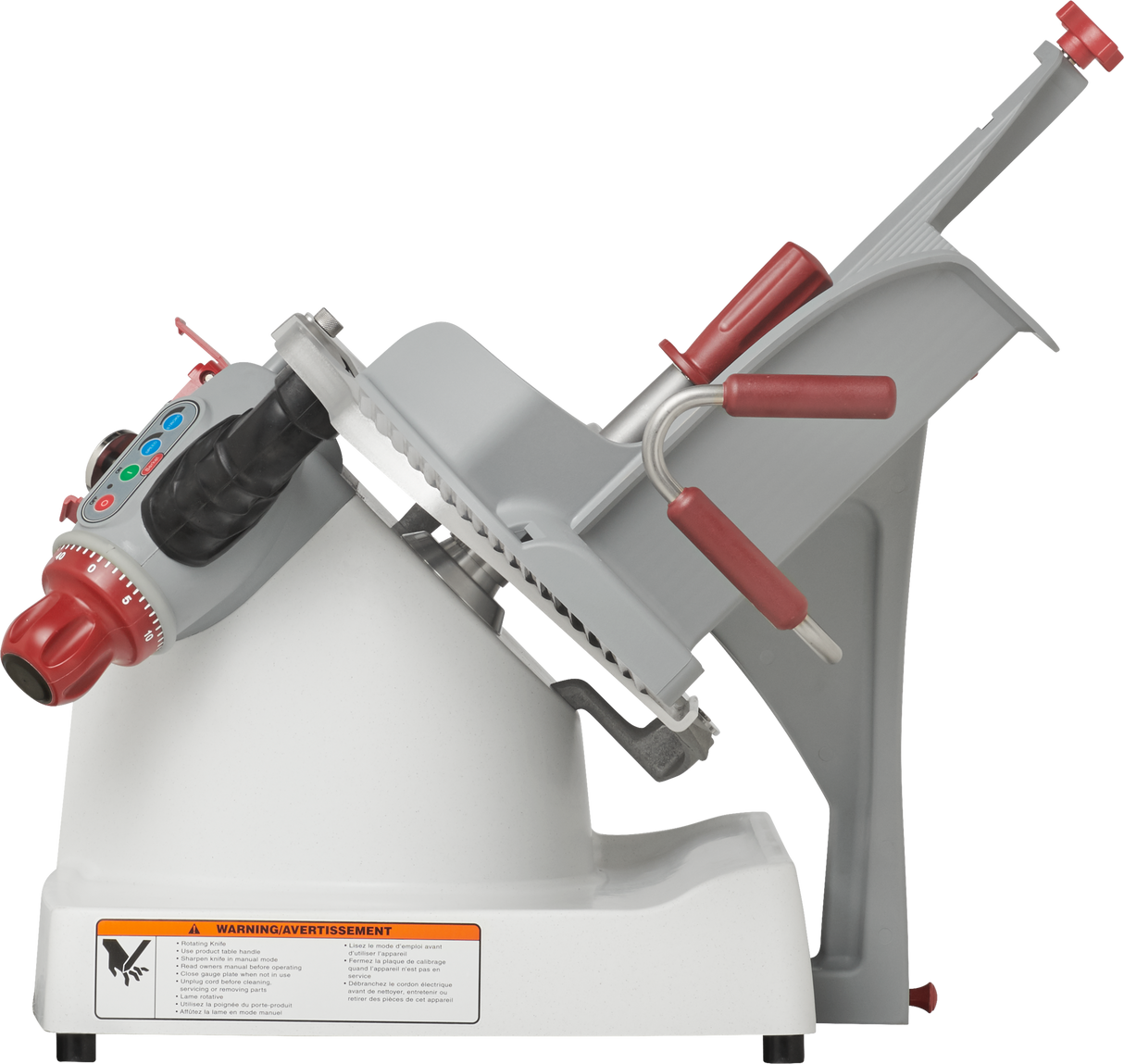 The Berkel X13A-PLUS automatic food slicer features a tilted gray metal body, red safety guards and handles, a black grip, and a circular blade. Control buttons and warning labels are visible on the side, positioned on a white base.