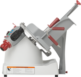 The Berkel X13A-PLUS automatic food slicer features a tilted gray metal body, red safety guards and handles, a black grip, and a circular blade. Control buttons and warning labels are visible on the side, positioned on a white base.