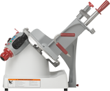 The Berkel X13A-PLUS is a premium food slicer featuring a tilted metal platform, red and black dials and levers, and a circular blade. With automatic and manual slicer options, it delivers precise cuts with style and advanced safety features.