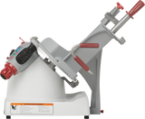 The Berkel X13A-PLUS automatic food slicer features a tilted silver platform, black handle, red adjustment knobs, and a circular blade guard. It sits on a white base with a warning label and control buttons visible on the left side.