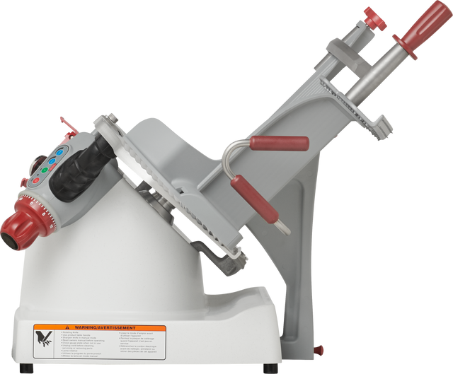 The Berkel X13A-PLUS automatic food slicer features a tilted silver platform, black handle, red adjustment knobs, and a circular blade guard. It sits on a white base with a warning label and control buttons visible on the left side.