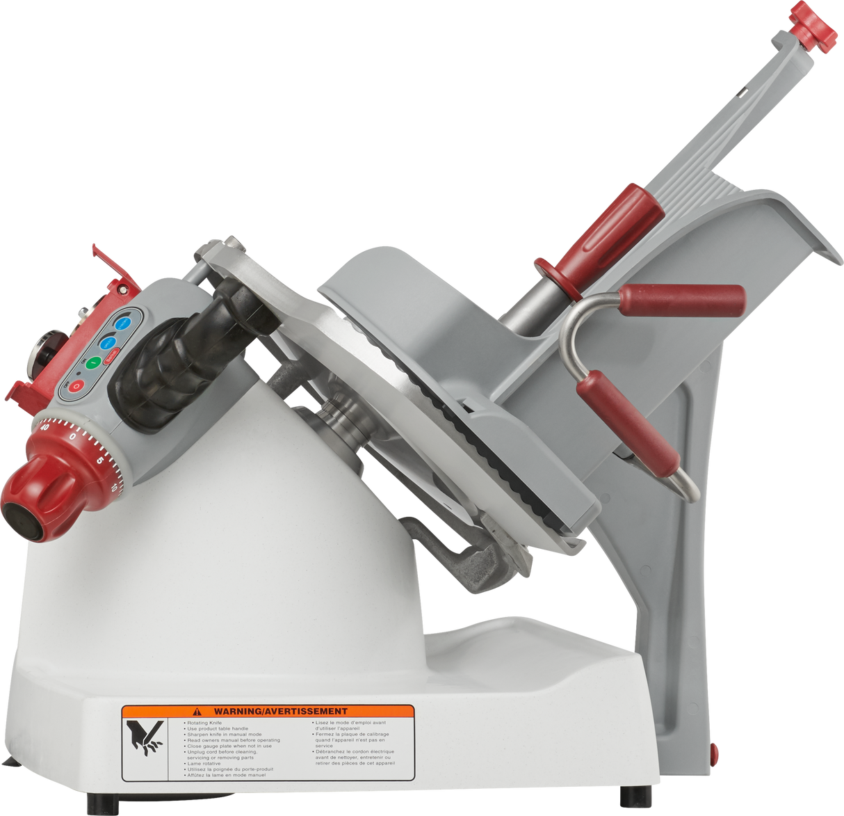 The Berkel X13A-PLUS automatic food slicer features a white and gray body with red accents, control buttons, a circular serrated blade, sliding carriage, safety warning label, and handles for easy thickness adjustment.