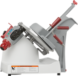 The Berkel X13A-PLUS automatic food slicer features a white and gray body with red accents, control buttons, a circular serrated blade, sliding carriage, safety warning label, and handles for easy thickness adjustment.