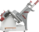 The Berkel X13A-PLUS Premium Food Slicer features a white base, angled silver blade, red and black adjustment knobs, and red handles. This automatic and manual slicer offers precise control for effortless slicing of meats and cheeses.