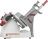 The Berkel X13A-PLUS Premium Food Slicer features a tilted silver blade, adjustable thickness knob, red safety guard, handle grips, and a white base with warning label. Designed for precision cutting of meats and cheeses, it offers both automatic and manual slicing modes.