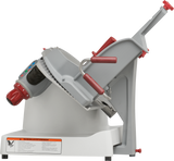 The Berkel X13A-PLUS premium food slicer features a white base, angled gray platform, red handles, and side control panel. The automatic food slicers blade and carriage are visible, with a safety warning label on the base.