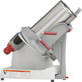 A commercial stainless steel meat tumbler machine with a cylindrical drum set at an angle, red and gray handles, a digital control panel, and a warning label on the white base—an ideal companion for the Berkel X13A-PLUS Premium Food Slicer.