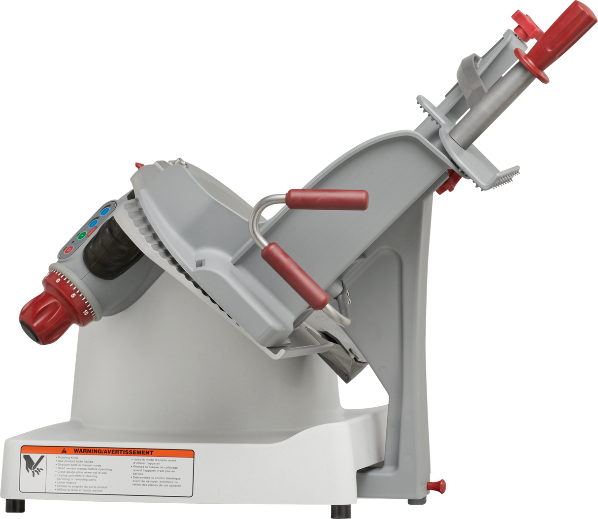 The Berkel X13A-PLUS premium food slicer features a tilted silver and gray body, red handles, control panel, and safety warning label on a white base. Its adjustable food holder, round blade, and clamp ensure secure, automatic food slicing.