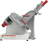 The Berkel X13A-PLUS premium food slicer features a tilted silver and gray body, red handles, control panel, and safety warning label on a white base. Its adjustable food holder, round blade, and clamp ensure secure, automatic food slicing.