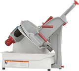 A Berkel X13A-PLUS automatic food slicer with a tilted, gray body, red safety handles, a circular blade, and adjustment knobs. It features a digital display on the front, white base, and a safety warning label at the bottom front.
