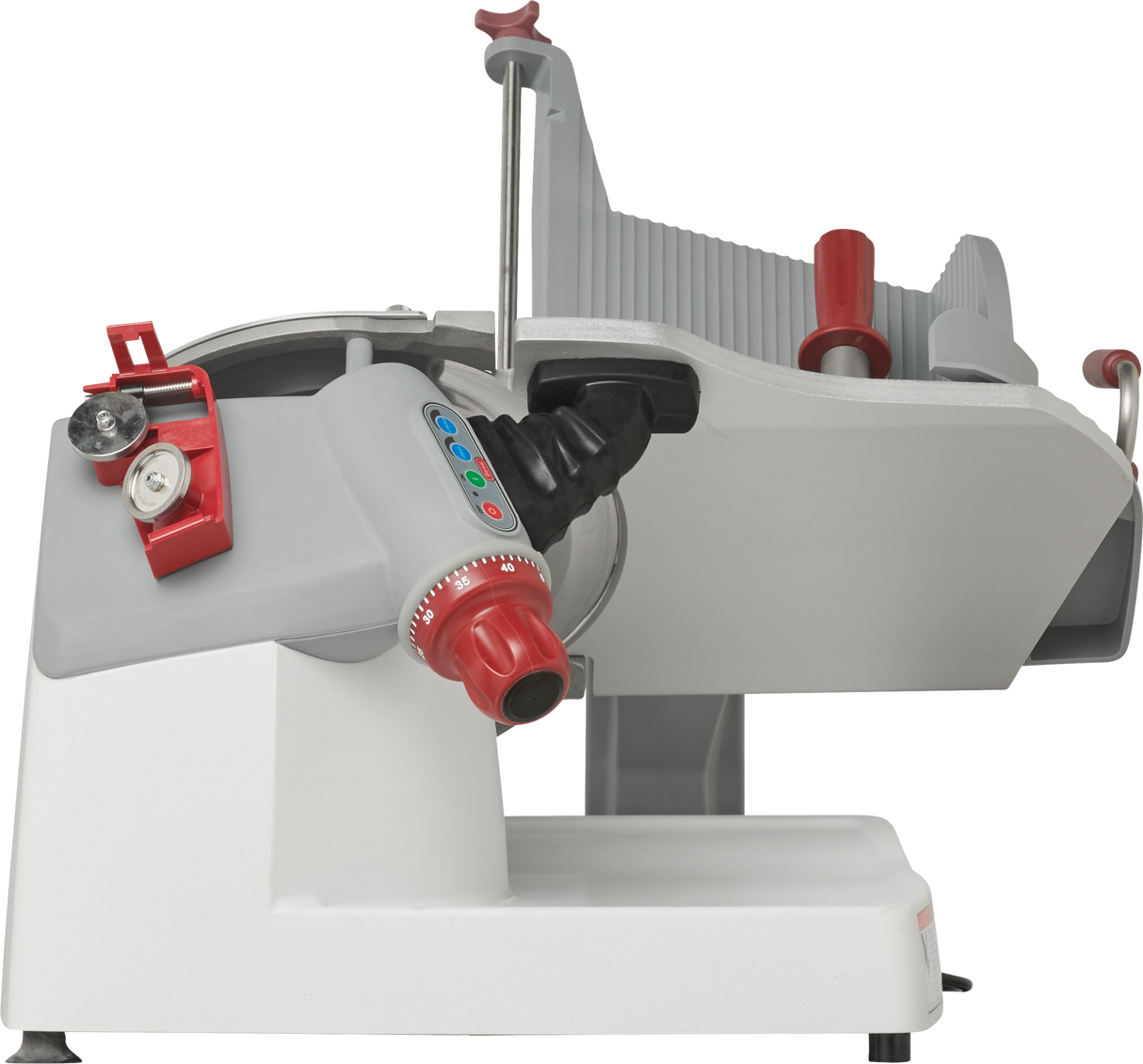 The Berkel X13A-PLUS is a premium food slicer with a stainless steel blade, red safety knobs, and a white and gray body. This automatic and manual slicer has a tilting carriage, control buttons, and adjustable thickness guide for precise slicing.