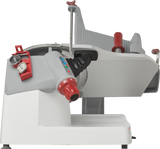 The Berkel X13A-PLUS is a premium food slicer with a stainless steel blade, red safety knobs, and a white and gray body. This automatic and manual slicer has a tilting carriage, control buttons, and adjustable thickness guide for precise slicing.