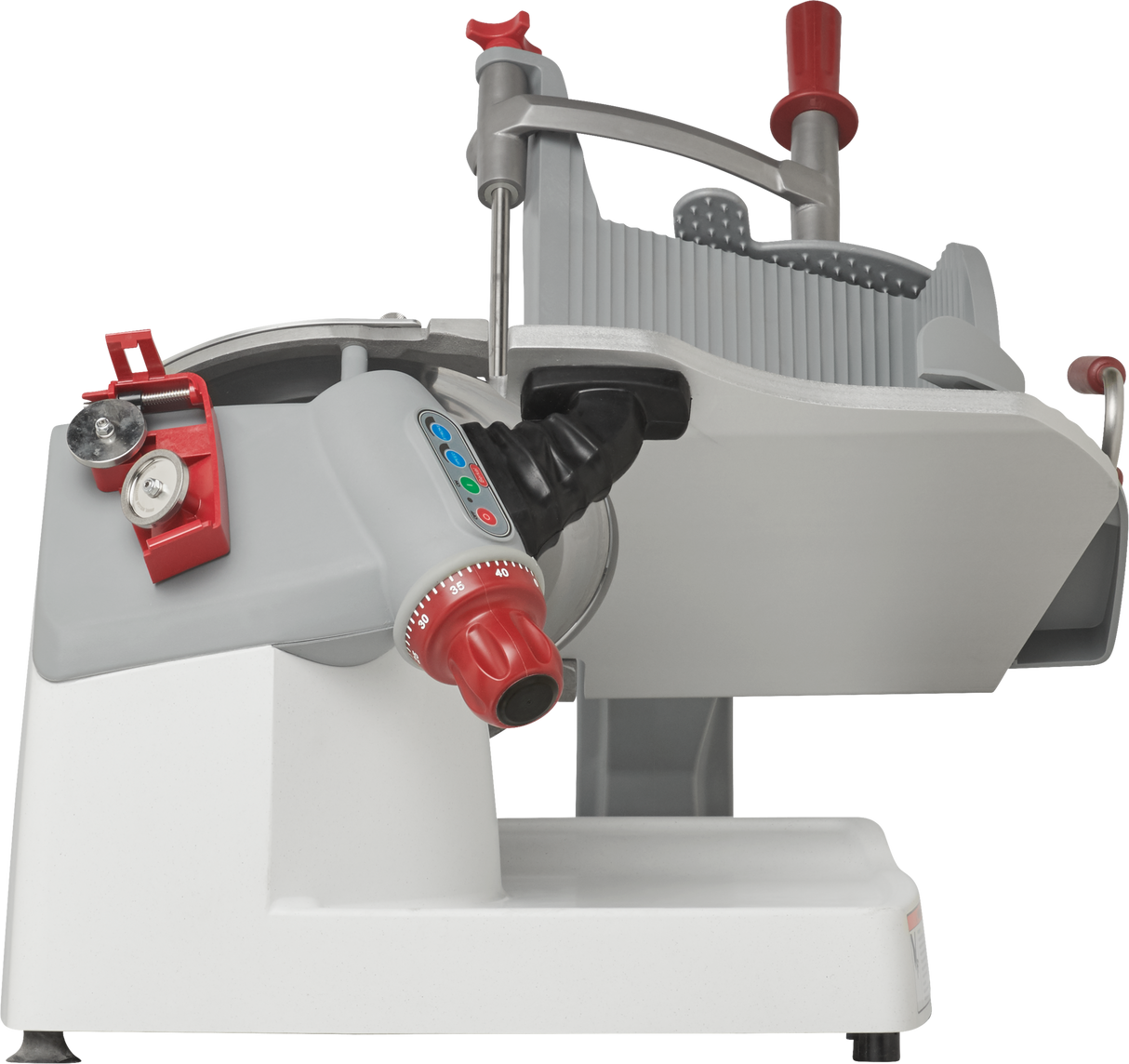 The Berkel X13A-PLUS is a commercial meat slicer with a white and gray body, red knobs and levers, a sharp circular blade partially covered by a guard, and a sliding tray—designed for safely slicing deli products as an automatic food slicer.