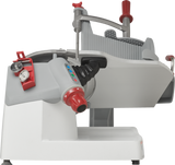 The Berkel X13A-PLUS is a commercial meat slicer with a white and gray body, red knobs and levers, a sharp circular blade partially covered by a guard, and a sliding tray—designed for safely slicing deli products as an automatic food slicer.