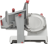 The Berkel X13A-PLUS Premium Food Slicer features a 13 stainless steel knife, metallic body, red knobs and handles, a round ridged cutting surface, and a vertical guide for precise slicing of meats, cheeses, or vegetables.