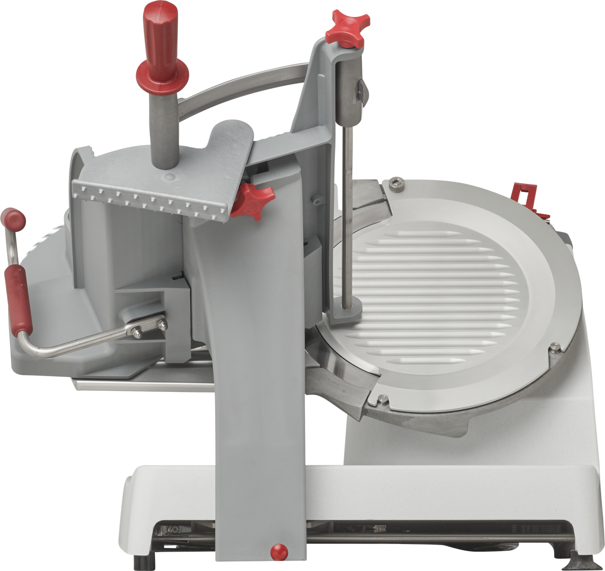 The Berkel X13A-PLUS Premium Food Slicer is a commercial-grade, stainless steel manual food slicer with a circular grooved cutting platform, vertical and horizontal handle grips, safety guards, and red adjustment knobs for slicing meats, cheeses, or vegetables.