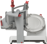 The Berkel X13A-PLUS Premium Food Slicer is a commercial-grade, stainless steel manual food slicer with a circular grooved cutting platform, vertical and horizontal handle grips, safety guards, and red adjustment knobs for slicing meats, cheeses, or vegetables.