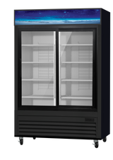 A large, black 49 Cu. Ft. refrigerated merchandiser with two glass doors, empty white wire shelves, and wheels at the bottom. The top panel displays a blue, starry night sky over a snowy landscape.