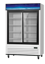 A Refrigerated Merchandiser with glass double doors, empty white wire shelves, and a blue night sky graphic above. Features black door frames, caster wheels, a digital display, and bright LED interior lighting for clear product visibility.