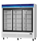 A large glass door refrigerator with three sliding doors, white exterior, and multiple empty metal shelves sits on wheels. Featuring a blue decorative panel, ventilation grilles, and a digital display, this commercial refrigerator is ideal for any business.