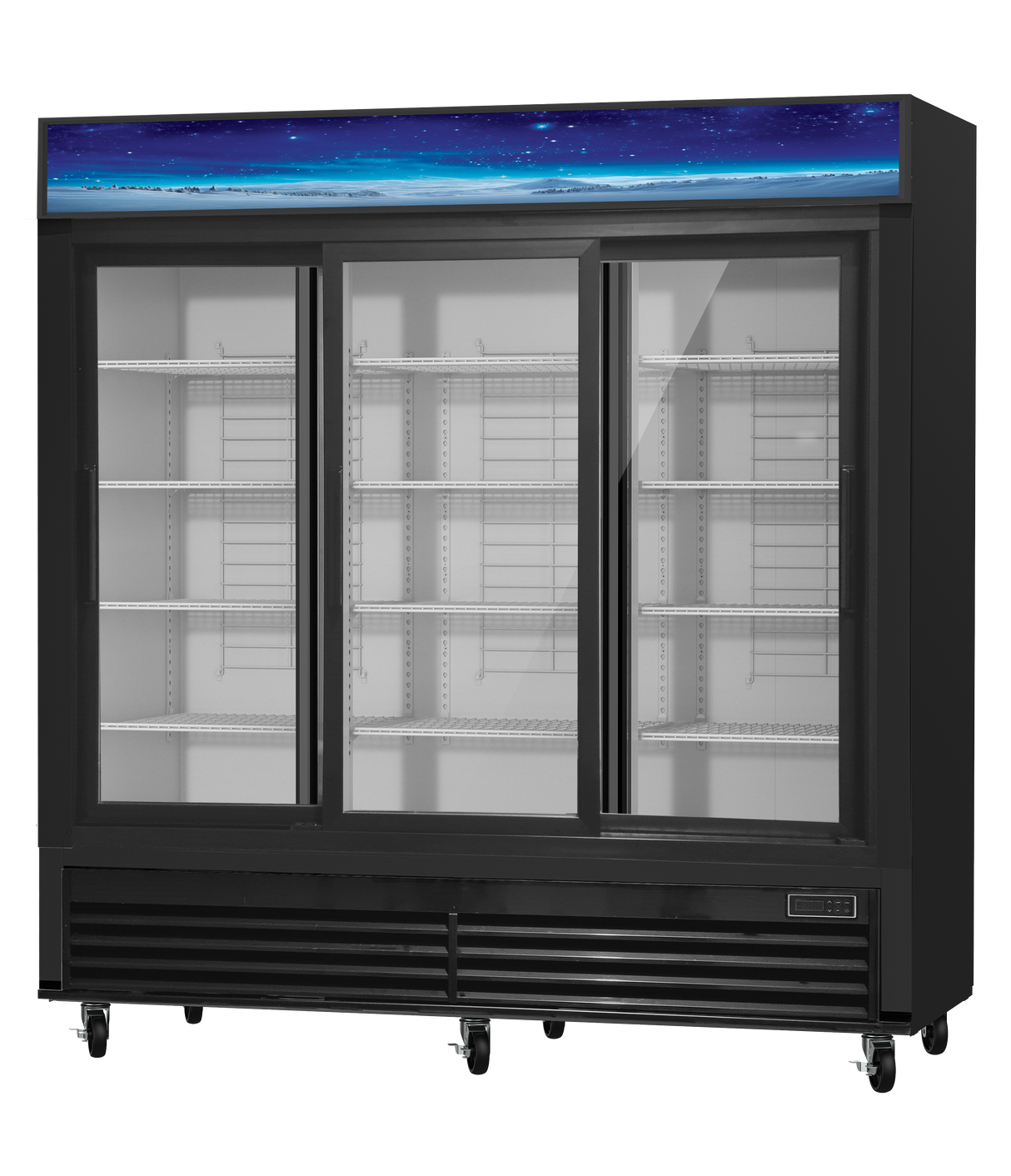 A large, black three-section refrigerated merchandiser with three sliding glass doors, empty interior shelves, and a blue decorative panel at the top. The unit features bottom-mount refrigeration, caster wheels, vents, and a digital control on the lower front.