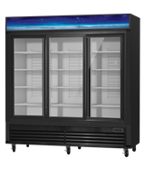 A large, black three-section refrigerated merchandiser with three sliding glass doors, empty interior shelves, and a blue decorative panel at the top. The unit features bottom-mount refrigeration, caster wheels, vents, and a digital control on the lower front.