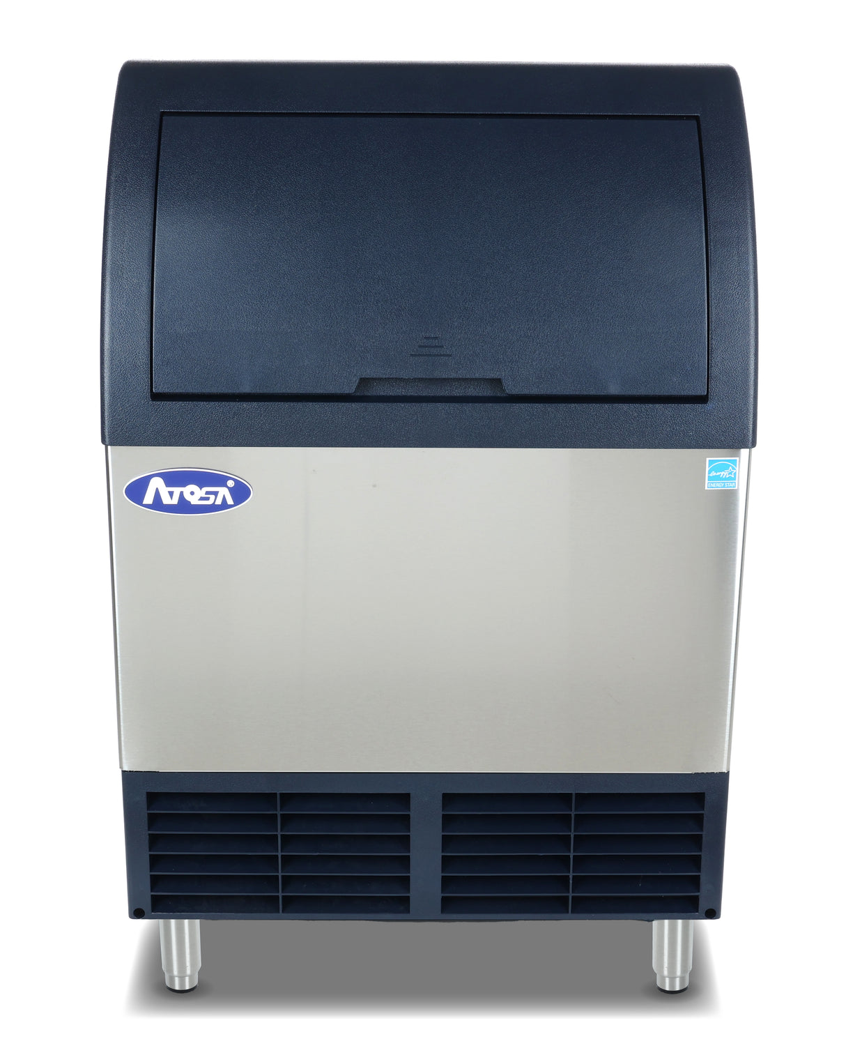 A commercial cube-style ice machine with a stainless steel body, black front panel, and bottom vent. The flip-up door accesses the stainless steel ice bin, while four metal legs support the unit. A blue brand logo sits on the upper left.