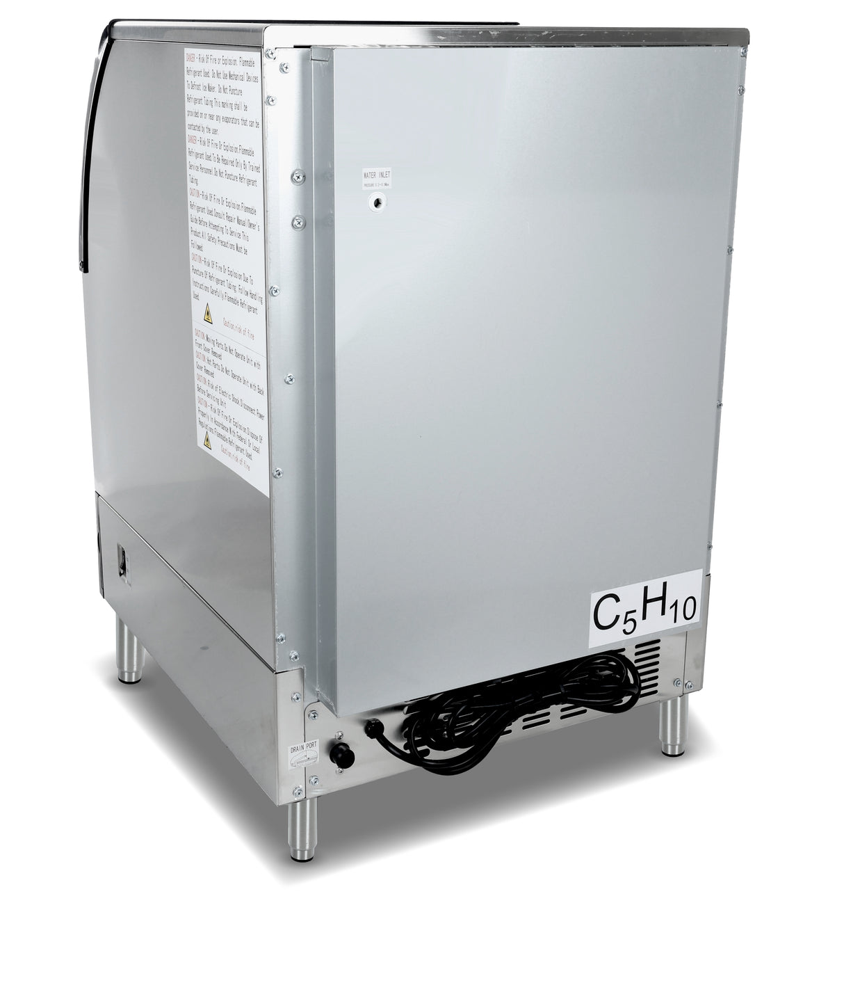 A commercial stainless steel cube-style ice machine stands on four legs. The door is closed, warning labels are visible on the side, and an electric cord is coiled near the bottom vent. The label “C5H10” appears on the lower right corner.