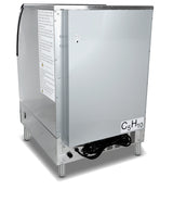 A commercial-grade cube-style ice machine stands on four legs. Its door is closed, with warning labels visible and a black coiled power cord at the back. A stainless steel ice bin and the label C5 H10 appear on the lower right corner of the back panel.