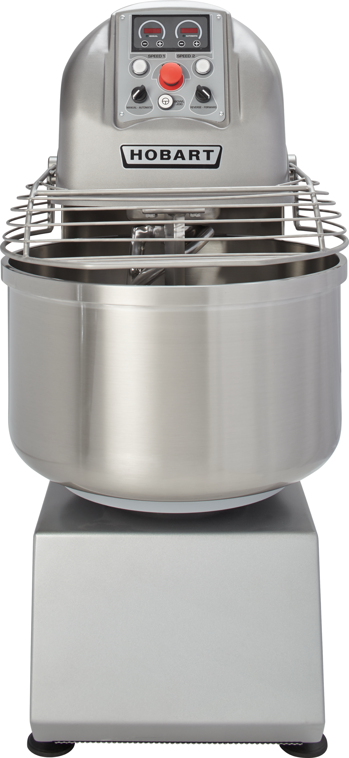 A commercial Hobart Spiral Mixer with a 130-pound capacity features a large stainless steel mixing bowl, spiral dough hook, protective wire guard, and control panel; its sturdy metal base displays a prominent HOBART label on the front.