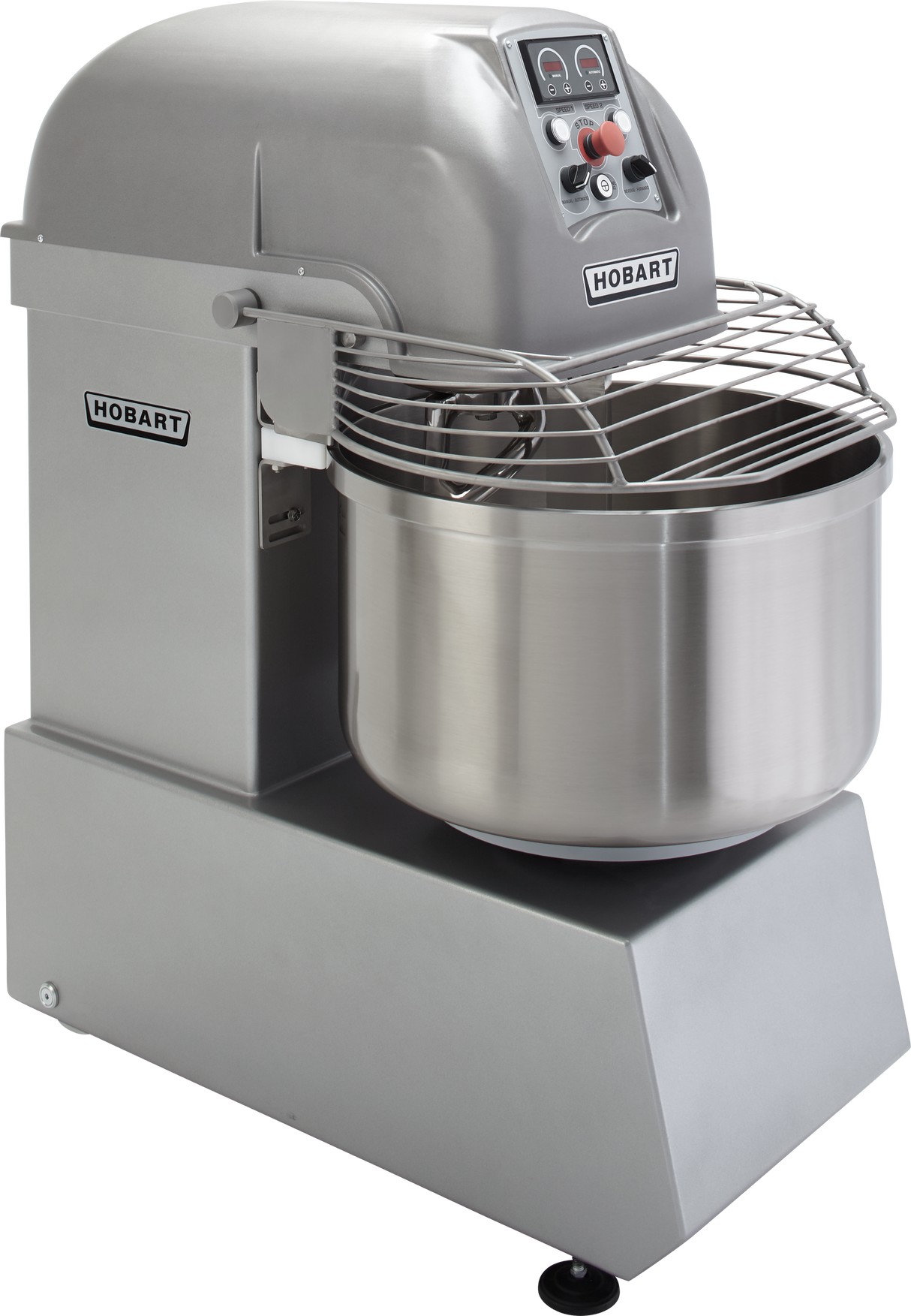 A large, industrial Hobart Spiral Mixer in stainless steel features a spiral dough hook, a control panel with buttons and dials on top, a protective wire guard over its 130-pound capacity bowl, and the Hobart logo on both the sturdy base and bowl.