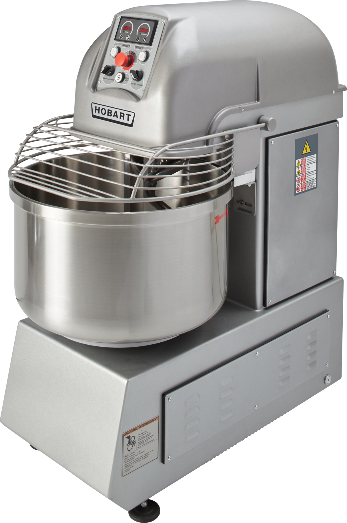 A large silver Hobart Spiral Mixer with a spiral dough hook, control panel, safety guard, and stainless steel mixing bowl. The 130-pound capacity mixer features a sturdy metal base, warning labels on the side, and the Hobart brand label on the front.