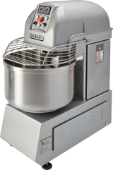 A large silver Hobart Spiral Mixer with a spiral dough hook, control panel, safety guard, and stainless steel mixing bowl. The 130-pound capacity mixer features a sturdy metal base, warning labels on the side, and the Hobart brand label on the front.