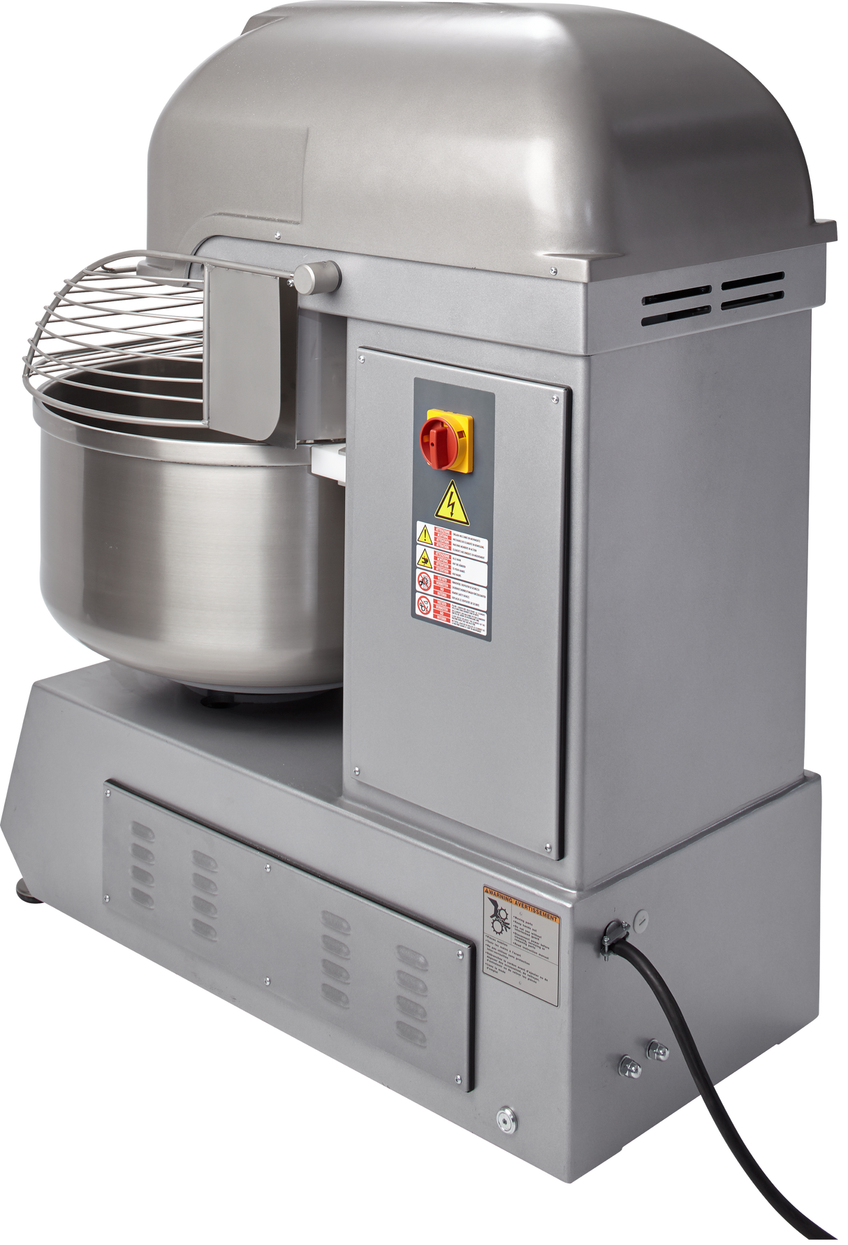 A large Hobart Spiral Mixer with a robust, industrial design features a stainless steel bowl, spiral dough hook, metal safety guard, gray control panel with warning labels and red emergency stop button, plus power cord at the base.