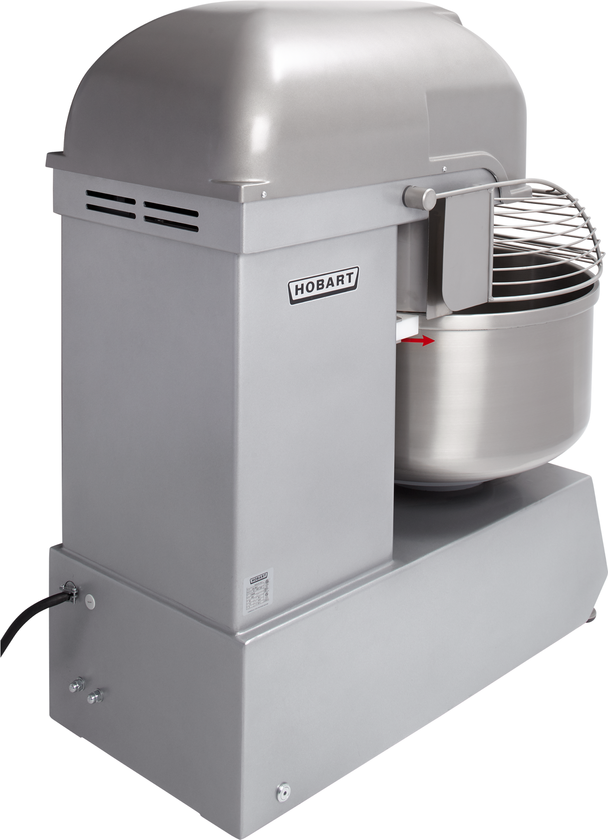A large Hobart Spiral Mixer with a stainless steel bowl, spiral dough hook, and protective wire guard. The machine has a metallic finish, visible vents, an electrical cord at the back, and the Hobart logo centered on the side.