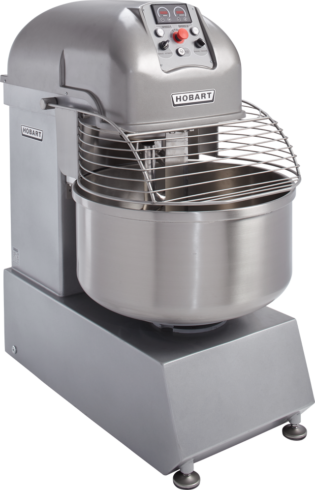 A commercial stainless steel Hobart Spiral Mixer with a large 180-pound capacity bowl, spiral dough hook, control panel with buttons and dials, and protective wire guard—designed for heavy-duty food prep on a sturdy base with adjustable feet.