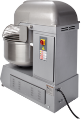 A large Hobart Spiral Mixer with a 220-pound capacity features a stainless steel bowl, spiral dough hook, protective wire guard, and labeled control panel with warning stickers. The metallic gray machine includes a power cord extending from the base.