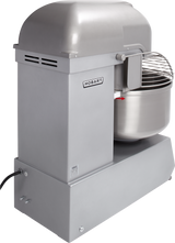 A large industrial Hobart Spiral Mixer in stainless steel. Featuring a spiral dough hook, 220-pound capacity, vented top, “HOBART” logo, rotating bowl with safety guard, electrical cord at the back, and a sturdy base.