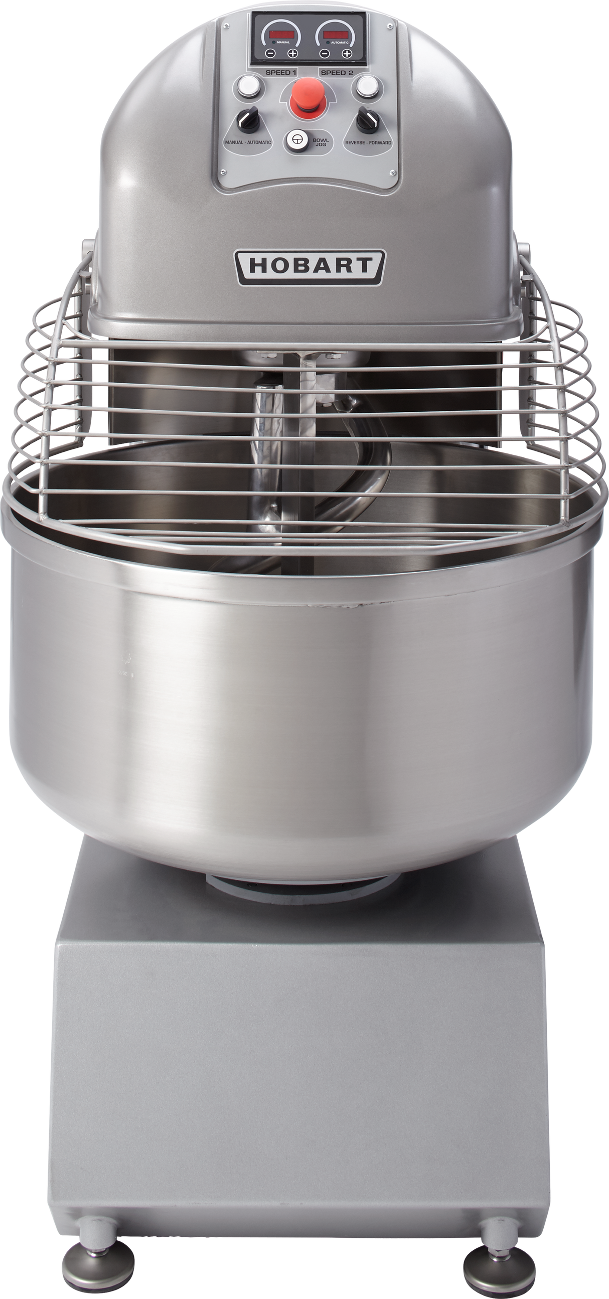 A Hobart Spiral Mixer with a large stainless steel mixing bowl, spiral dough hook, protective wire guard, control panel, and sturdy metal base is photographed from the front against a plain white background.