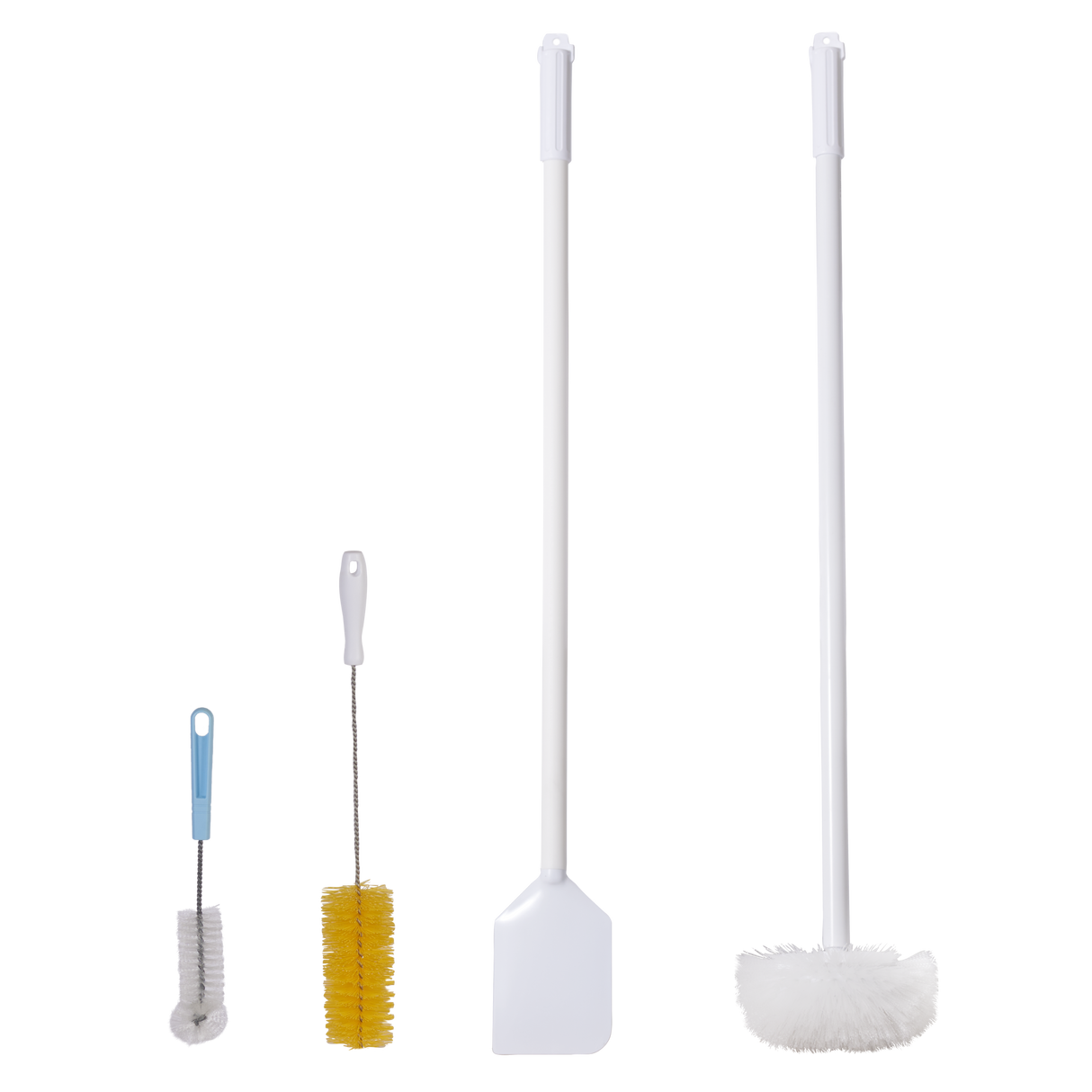 Four cleaning tools stand upright on a white background: a small gray brush with blue handle, a narrow yellow bottle brush with white handle, a long white draw-off brush with a flat rectangular end, and a long white toilet brush with a round bristled head.