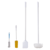 Four cleaning tools stand upright on a white background: a small gray brush with blue handle, a narrow yellow bottle brush with white handle, a long white draw-off brush with a flat rectangular end, and a long white toilet brush with a round bristled head.