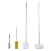 Four cleaning tools stand upright on a white background: a small gray brush with blue handle, a narrow yellow bottle brush with white handle, a long white draw-off brush with a flat rectangular end, and a long white toilet brush with a round bristled head.