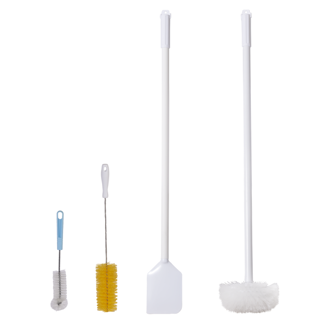 Four cleaning tools stand upright on a white background: a small gray brush with blue handle, a narrow yellow bottle brush with white handle, a long white draw-off brush with a flat rectangular end, and a long white toilet brush with a round bristled head.