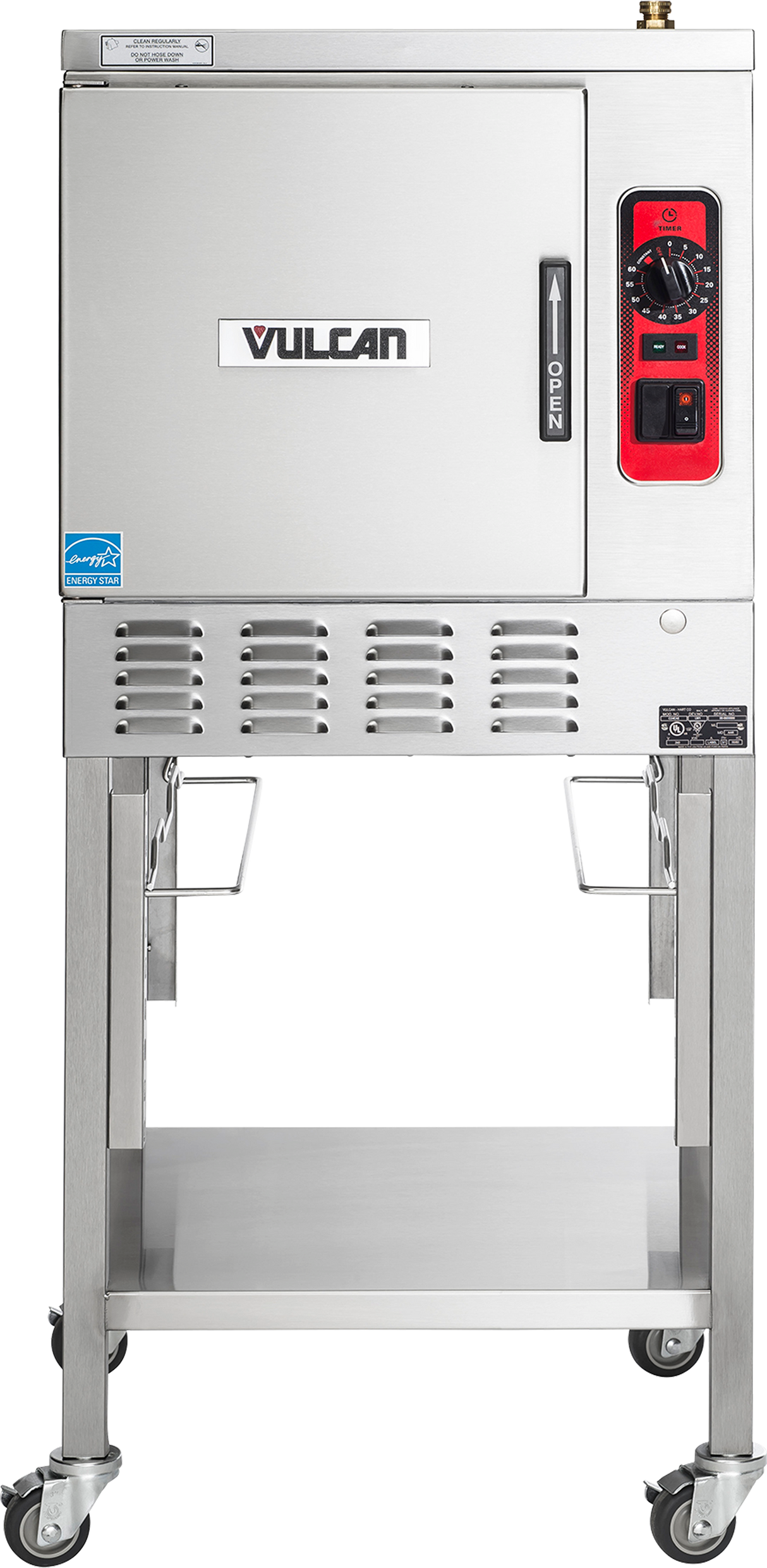 A stainless steel Vulcan convection steamer on wheels. The front has a door with handle, “OPEN” label, control panel with red accent, dial, and buttons. The base features a lower shelf and four caster wheels for mobility. Energy efficient steam generator included.